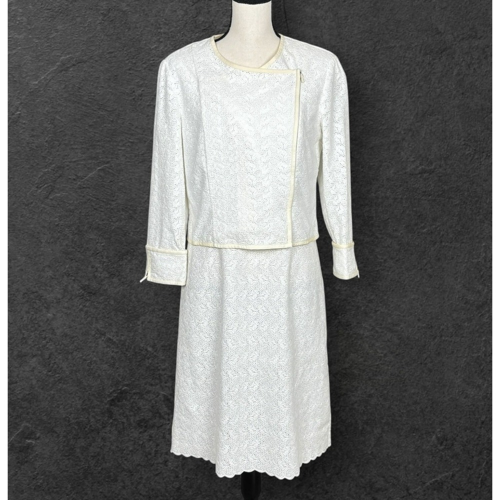 Magaschoni Eyelet Lace Leather Trim Midi Dress Set Size 12 Textured Quiet Luxury